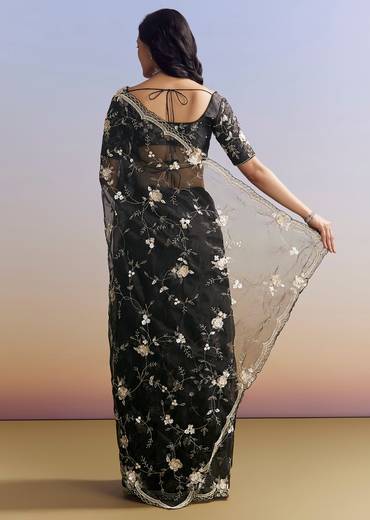 Black Organza Saree With All Over Floral Jaal Embroidery