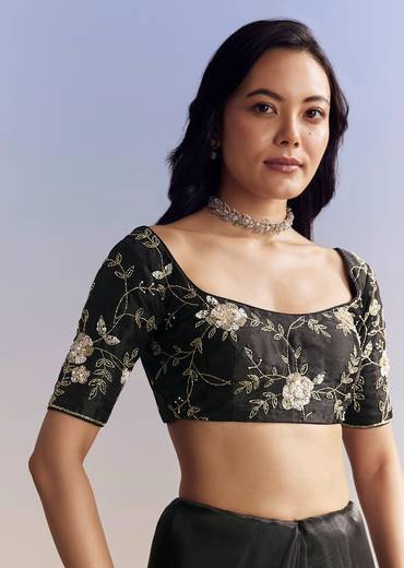 Black Organza Saree With All Over Floral Jaal Embroidery