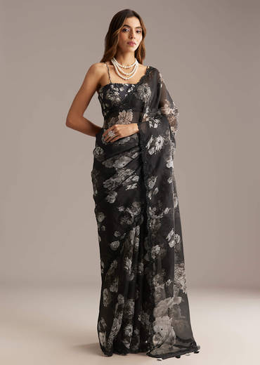 Black Organza Saree With Floral Print And Sequin Embroidery