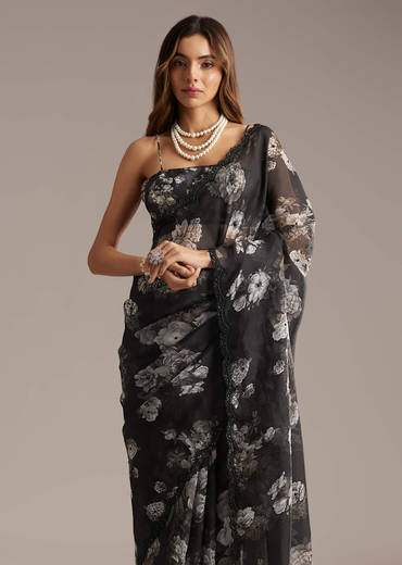 Black Organza Saree With Floral Print And Sequin Embroidery