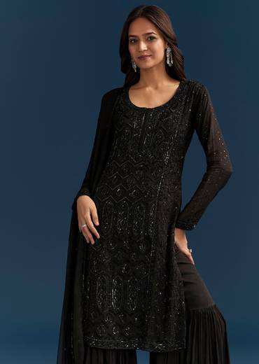 Black Pakistani Palazzo Suit With Sequins Embellished Kurta And Dupatta