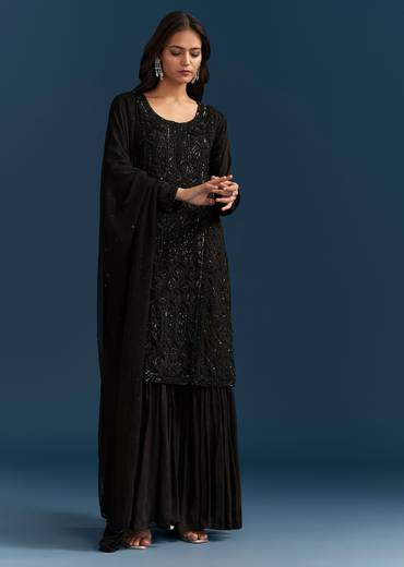 Black Pakistani Palazzo Suit With Sequins Embellished Kurta And Dupatta