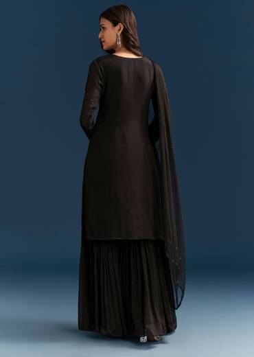 Black Pakistani Palazzo Suit With Sequins Embellished Kurta And Dupatta