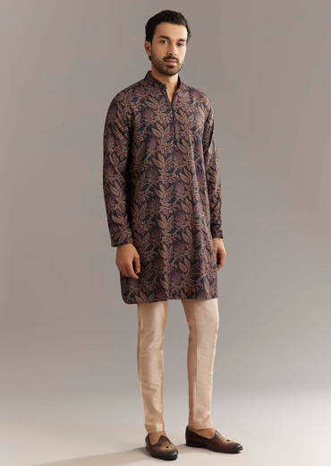 Black Pashmina Silk Kurta Set With Vine Prints