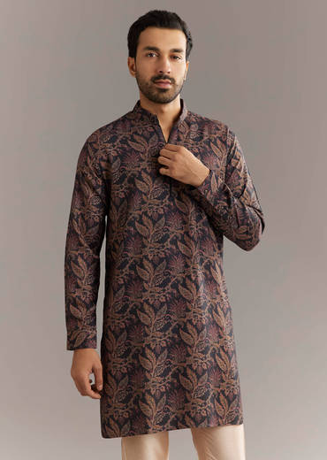 Black Pashmina Silk Kurta Set With Vine Prints