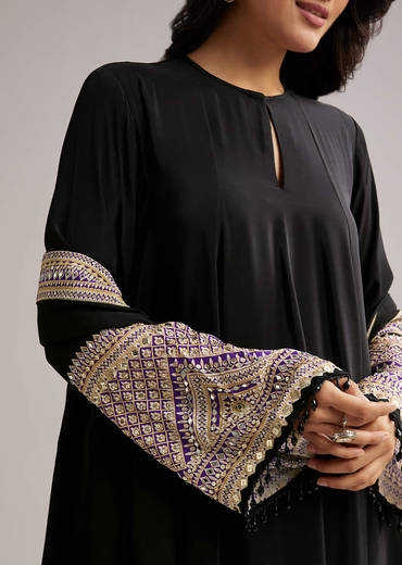 Black Printed Border Anarkali Set With Palazzo And Dupatta