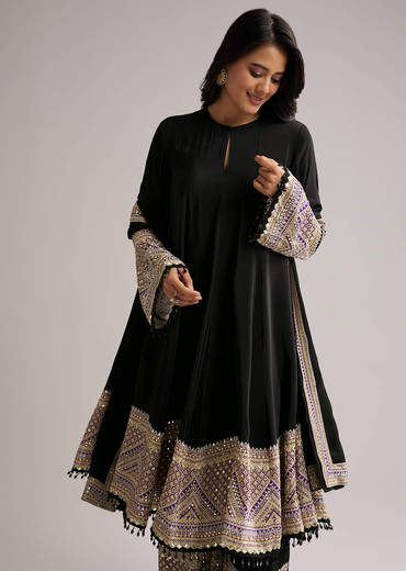 Black Printed Border Anarkali Set With Palazzo And Dupatta
