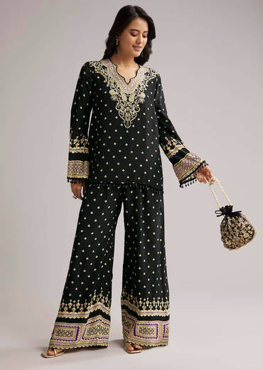 Black Printed Co Ord Set With Kurta And Palazzo