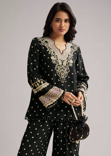 Black Printed Co Ord Set With Kurta And Palazzo