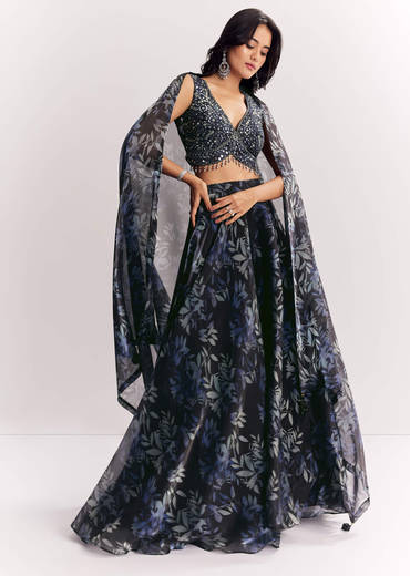 Black Printed Mirror Work Lehenga Choli Set In Organza Tissue