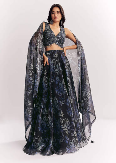 Black Printed Mirror Work Lehenga Choli Set In Organza Tissue
