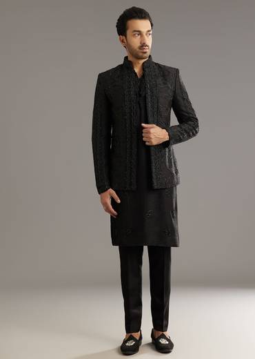 Black Raw Silk Indo Western Set With Beaded Work