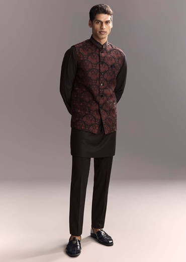 Black Rayon Kurta Jacket Set For Men With Intricate Resham Work