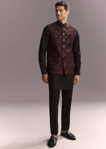 Black Rayon Kurta Jacket Set For Men With Intricate Resham Work
