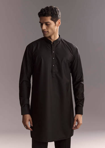 Black Rayon Kurta Jacket Set For Men With Intricate Resham Work
