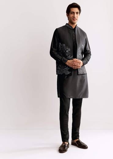 Black Rayon Kurta Jacket Set With Embroidery