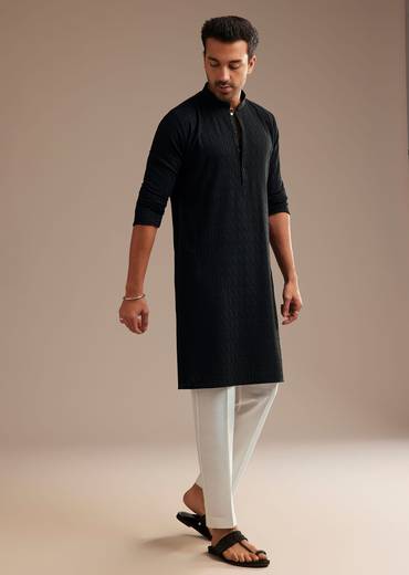 Black Rayon Kurta Set With Self Work Embroidery