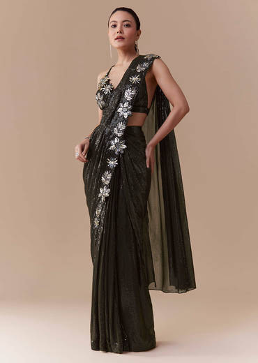Black Ready Pleated Georgette Saree with Sequin Wor Blouse