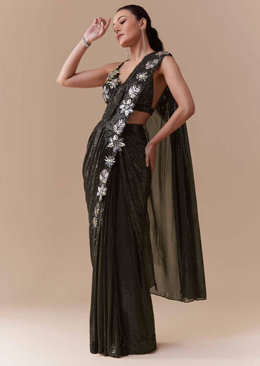 Black Ready Pleated Georgette Saree with Sequin Wor Blouse