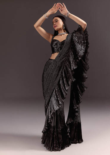 Black Ready Pleated Saree With Ruching Blouse And Frills