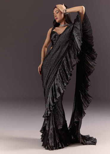 Black Ready Pleated Saree With Ruching Blouse And Frills