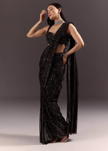 Black Ready To Wear Saree With 3D Patching And Fancy Neck Blouse
