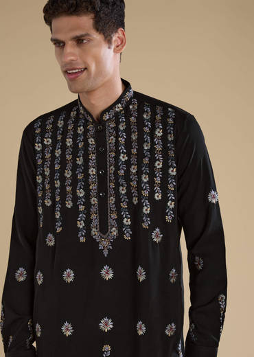Black Resham Work Straight Mens Kurta and Pant Set