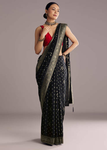 Black Saree With Woven Buttis In Brocade Weave