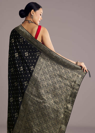 Black Saree With Woven Buttis In Brocade Weave