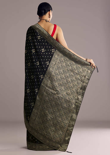Black Saree With Woven Buttis In Brocade Weave