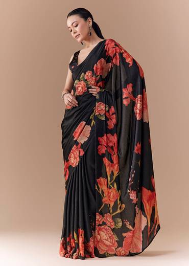 Black Satin Floral Printed Saree with Blouse Fabric