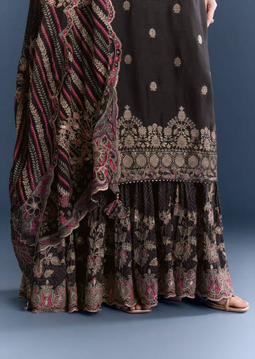 Black Silk Anarkali Suit With Zari Butti And Floral Print