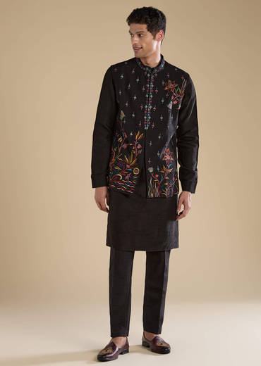 Black Silk Embroidered Mens Jacket Kurta and Pant Set