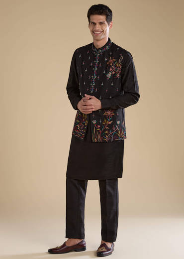 Black Silk Embroidered Mens Jacket Kurta and Pant Set