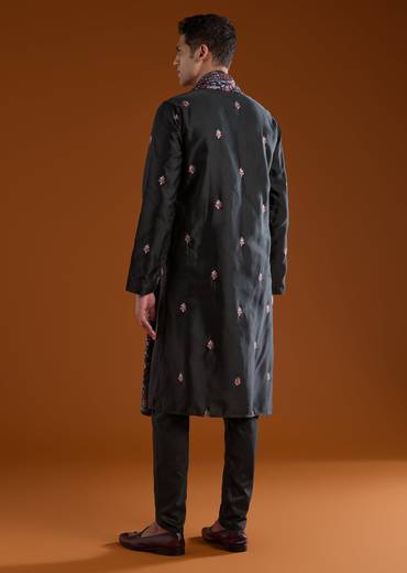 Black Silk Embroidered Mens Kurta Pant Set with Dupatta