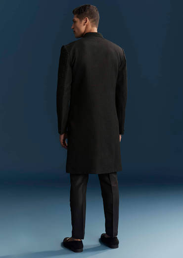 Black Silk Indo Western Set For Men With Patch Work And Embroidery