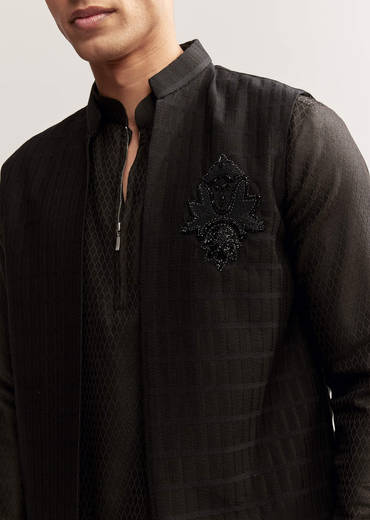 Black Silk Kurta Jacket Set For Men With Cutdana Embroidery