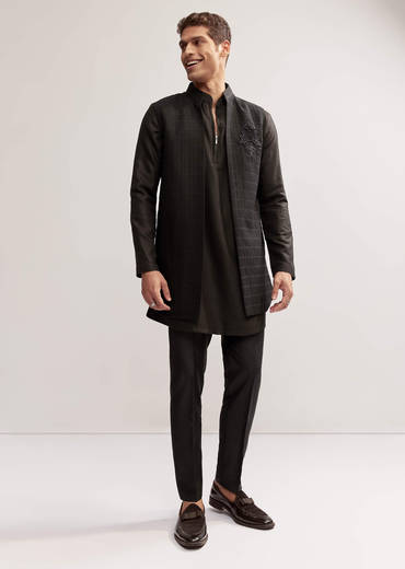 Black Silk Kurta Jacket Set For Men With Cutdana Embroidery