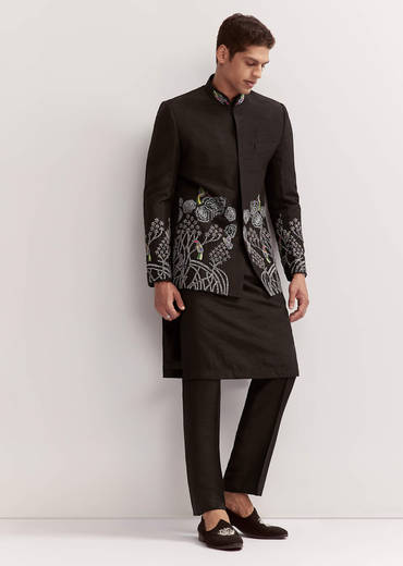 Black Silk Kurta Jacket Set For Men With Zardosi Embroidery