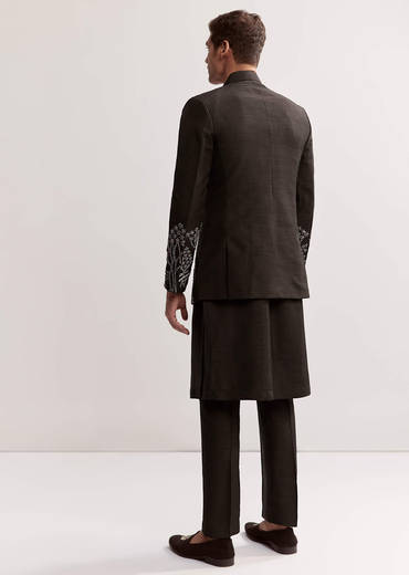 Black Silk Kurta Jacket Set For Men With Zardosi Embroidery
