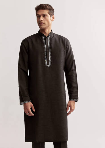 Black Silk Kurta Jacket Set For Men With Zardosi Embroidery