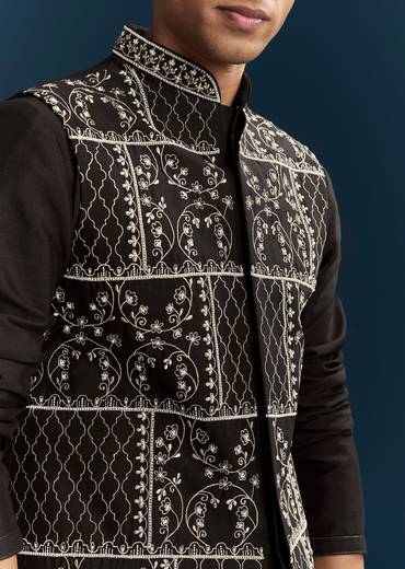 Black Silk Kurta Jacket Set With Thread Detail Work