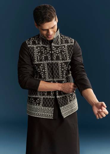 Black Silk Kurta Jacket Set With Thread Detail Work