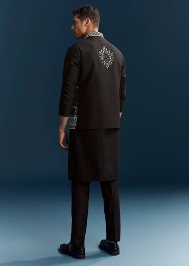 Black Silk Kurta Jacket Set With Thread Detail Work