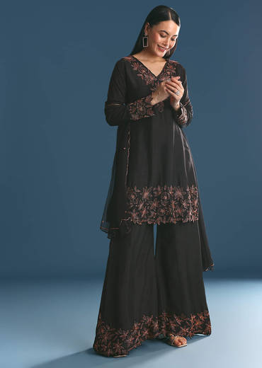 Black Silk Kurta Palazzo Set With Cut Dana Work