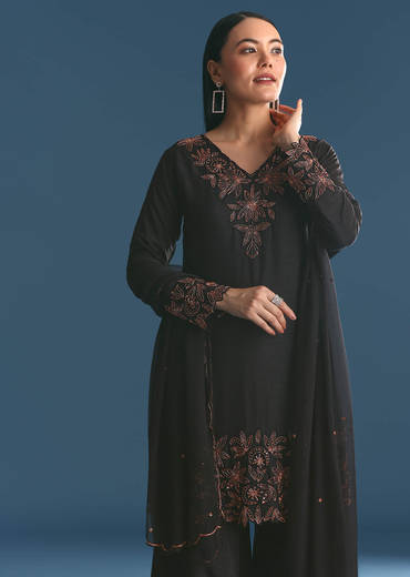 Black Silk Kurta Palazzo Set With Cut Dana Work