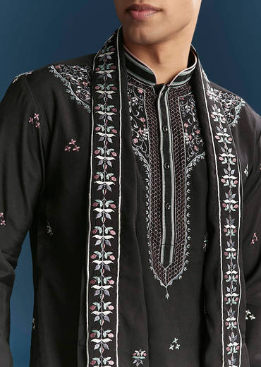 Black Silk Kurta Set For Men With Floral And Geometric Embroidery