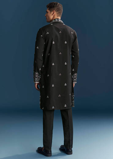 Black Silk Kurta Set For Men With Floral And Geometric Embroidery