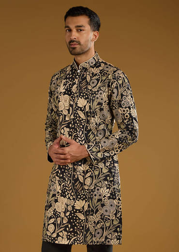 Black Silk Kurta Set For Men With Mirror Work
