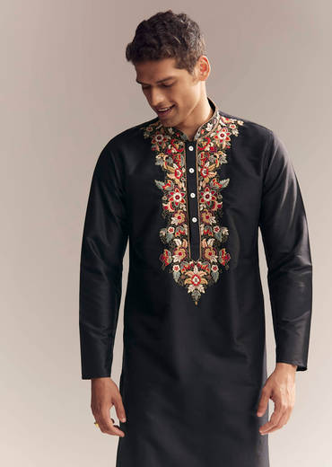 Black Silk Kurta Set For Men With Multi Colour Resham Embroidery
